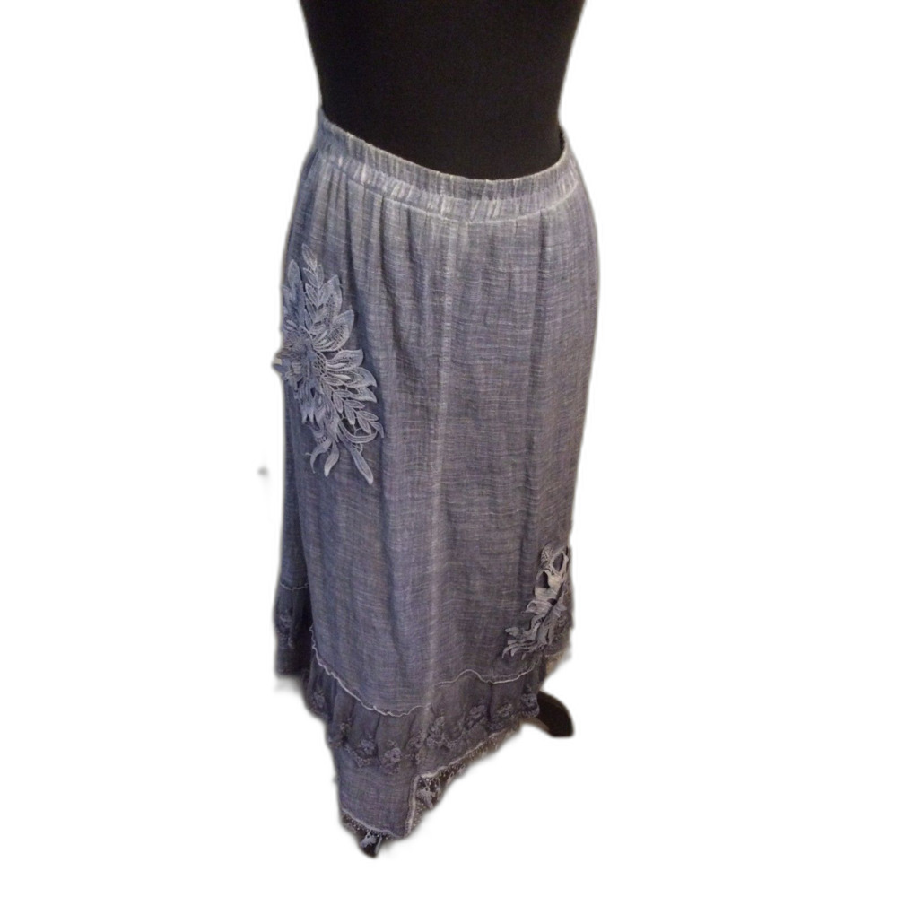 Western Denim Look Lace Linen Mix Floral Torn Edge Skirt   XL Festival Concert